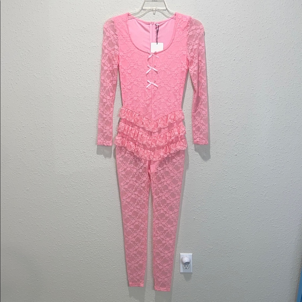 Pink Lace Jumpsuit with Ruffle Details